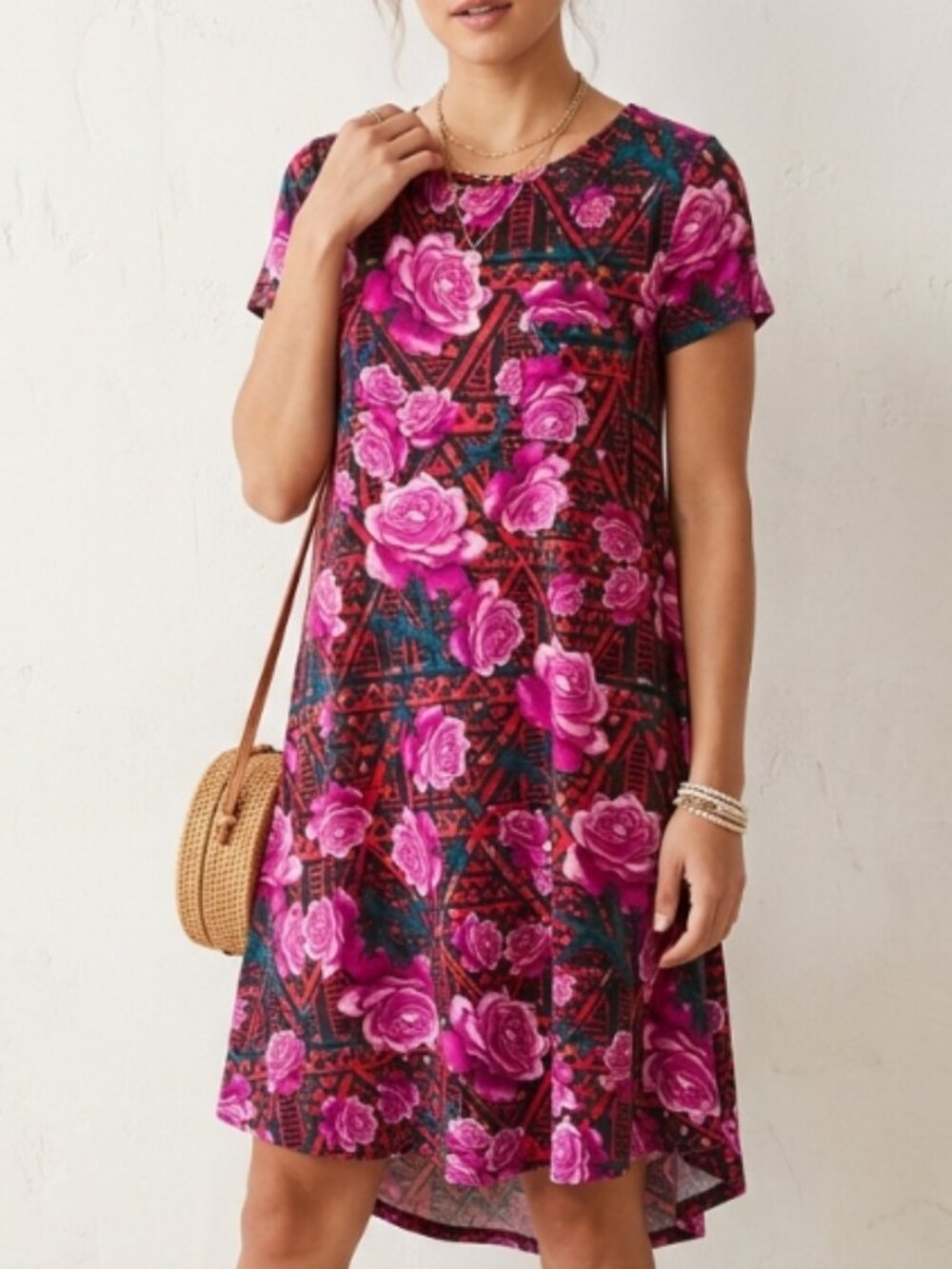 LuLaRoe Pink Floral Mixed Print Simply Comfortable Stretch Dress XS Boho Retro